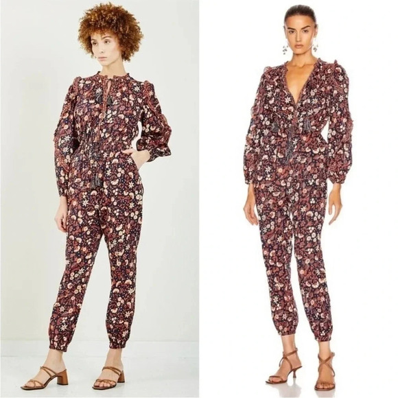 Ulla Johnson Delphine Jumpsuit Navy Floral Ruffle Tassel Tie Boho Chic Size 2 - Picture 1 of 16